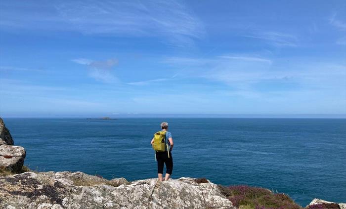 Walker on the cliff edge on the Pembrokeshire Coast path